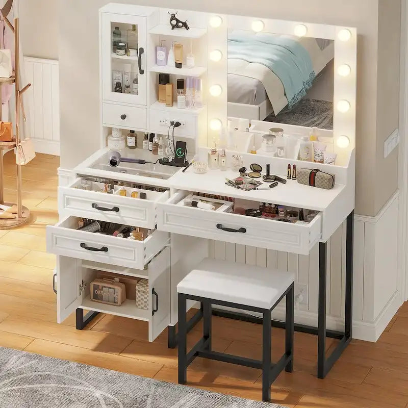 Vanity Desk with 10 LED Lighted Mirror, Bench, Charging Station, Glass Top, Drawers & Cabinet - Makeup Dressing Table Set