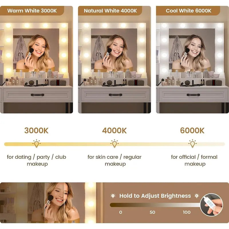 Vanity Desk with 10 LED Lighted Mirror, Bench, Charging Station, Glass Top, Drawers & Cabinet - Makeup Dressing Table Set