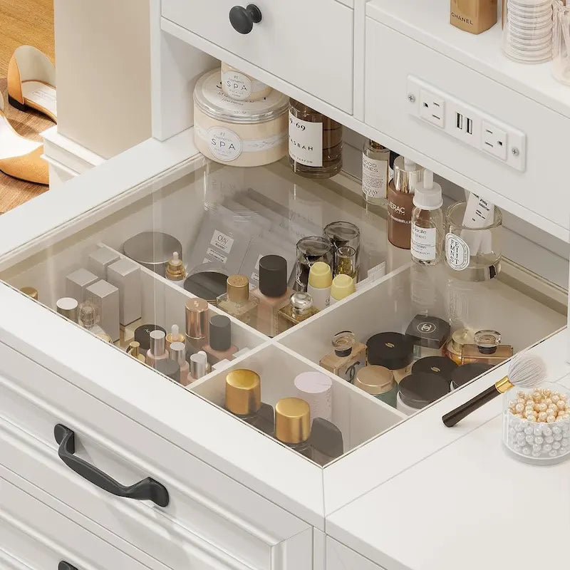 Vanity Desk with 10 LED Lighted Mirror, Bench, Charging Station, Glass Top, Drawers & Cabinet - Makeup Dressing Table Set