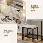 Vanity Desk with 10 LED Lighted Mirror, Bench, Charging Station, Glass Top, Drawers & Cabinet - Makeup Dressing Table Set