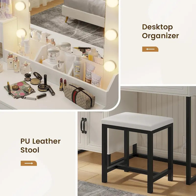 Vanity Desk with 10 LED Lighted Mirror, Bench, Charging Station, Glass Top, Drawers & Cabinet - Makeup Dressing Table Set