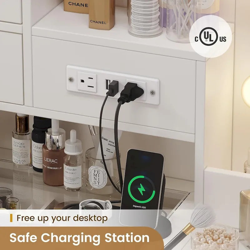 Vanity Desk with 10 LED Lighted Mirror, Bench, Charging Station, Glass Top, Drawers & Cabinet - Makeup Dressing Table Set