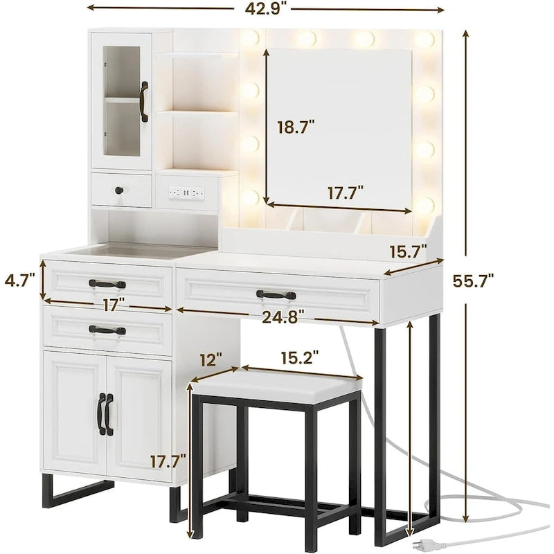 Vanity Desk with 10 LED Lighted Mirror, Bench, Charging Station, Glass Top, Drawers & Cabinet - Makeup Dressing Table Set