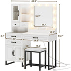 Vanity Desk with 10 LED Lighted Mirror, Bench, Charging Station, Glass Top, Drawers & Cabinet - Makeup Dressing Table Set