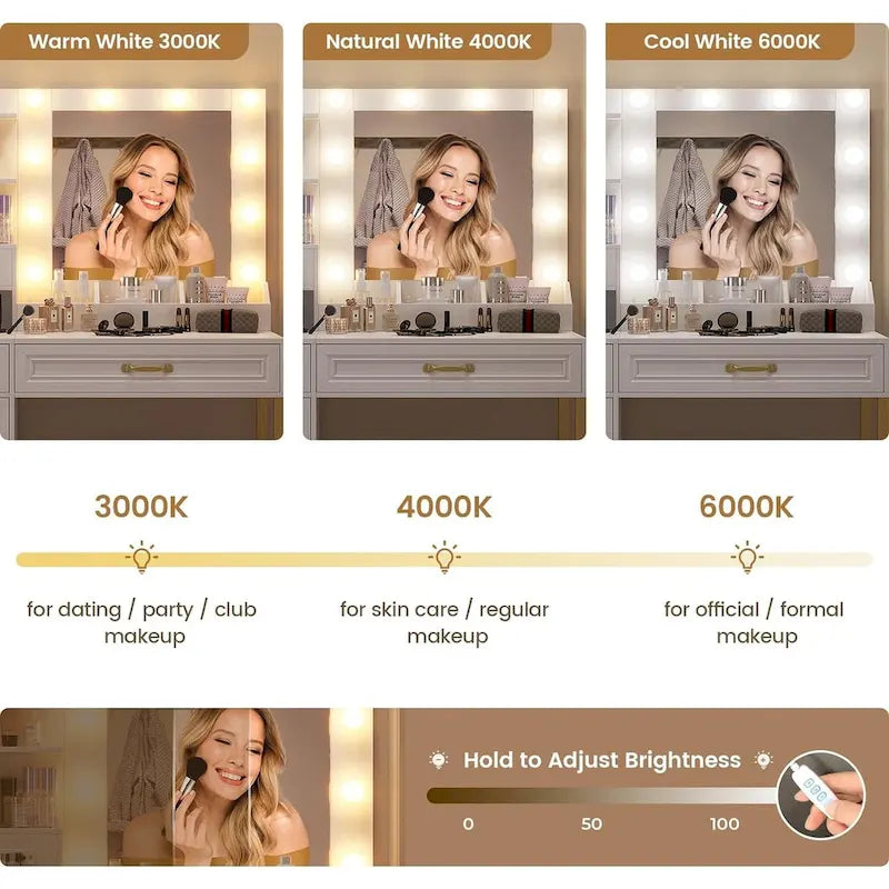 Vanity Desk with 10 LED Lighted Mirror, Bench, Charging Station, Glass Top, Drawers & Cabinet - Makeup Dressing Table Set