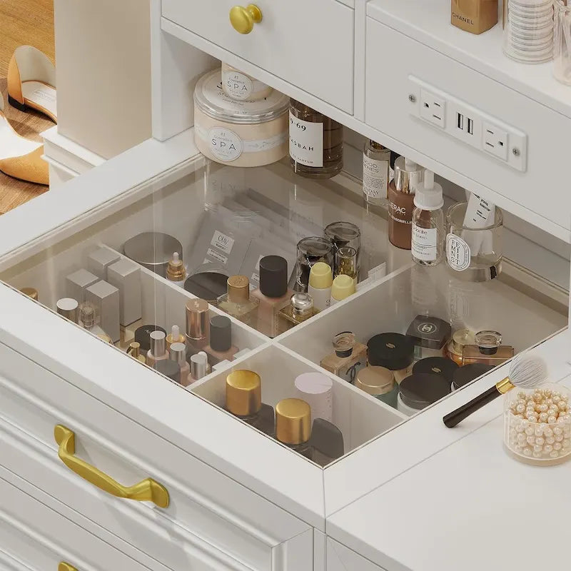 Vanity Desk with 10 LED Lighted Mirror, Bench, Charging Station, Glass Top, Drawers & Cabinet - Makeup Dressing Table Set