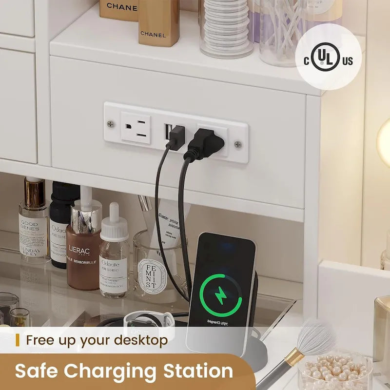 Vanity Desk with 10 LED Lighted Mirror, Bench, Charging Station, Glass Top, Drawers & Cabinet - Makeup Dressing Table Set