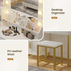 Vanity Desk with 10 LED Lighted Mirror, Bench, Charging Station, Glass Top, Drawers & Cabinet - Makeup Dressing Table Set