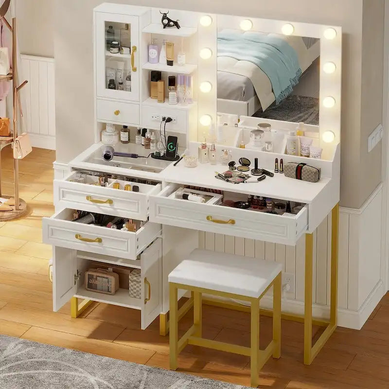 Vanity Desk with 10 LED Lighted Mirror, Bench, Charging Station, Glass Top, Drawers & Cabinet - Makeup Dressing Table Set