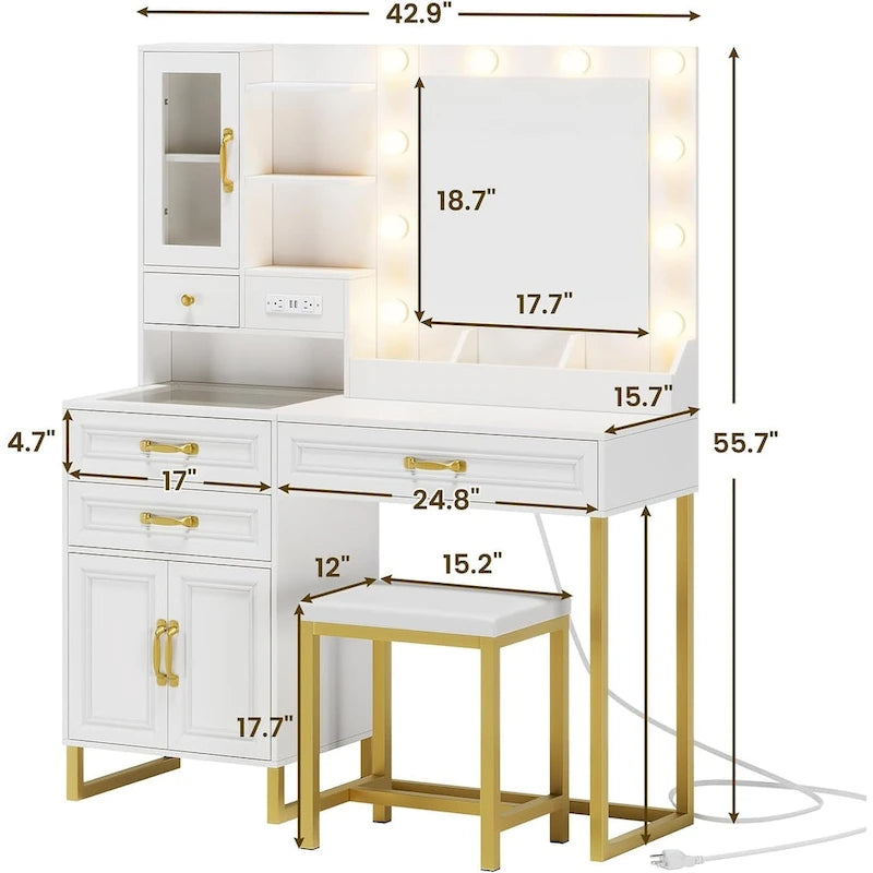Vanity Desk with 10 LED Lighted Mirror, Bench, Charging Station, Glass Top, Drawers & Cabinet - Makeup Dressing Table Set