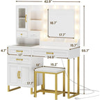 Vanity Desk with 10 LED Lighted Mirror, Bench, Charging Station, Glass Top, Drawers & Cabinet - Makeup Dressing Table Set