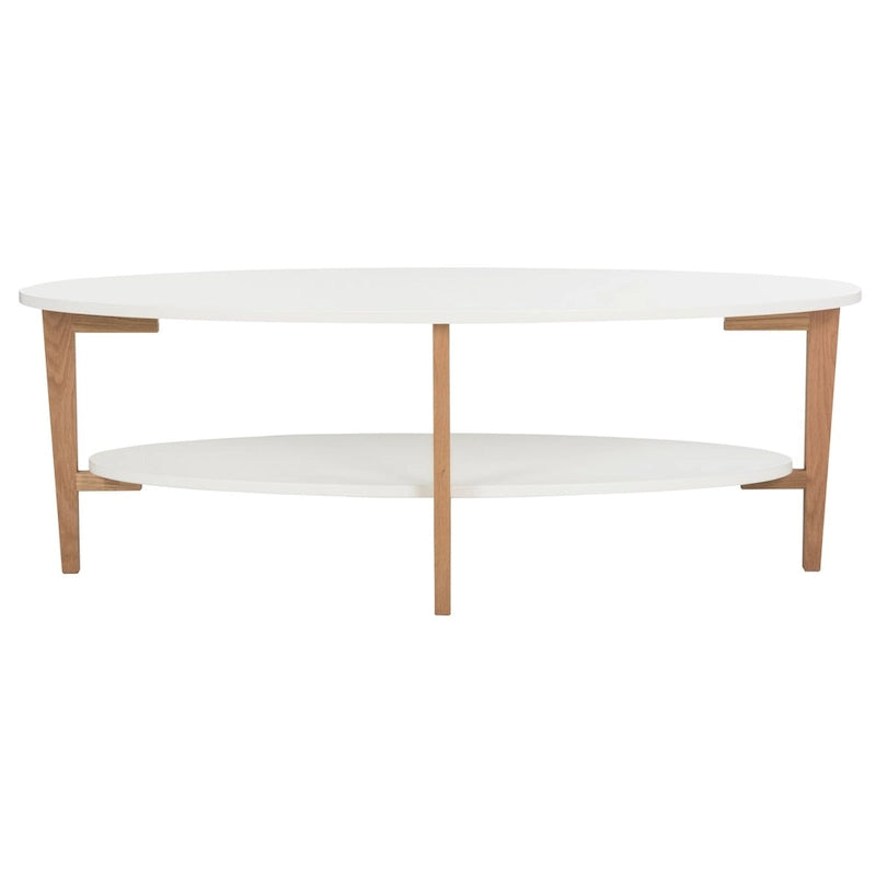Mid-Century Oval Coffee Table White Natural Wood 2-Tier Storage 51.2"W x 27.6"D x 17.7"H