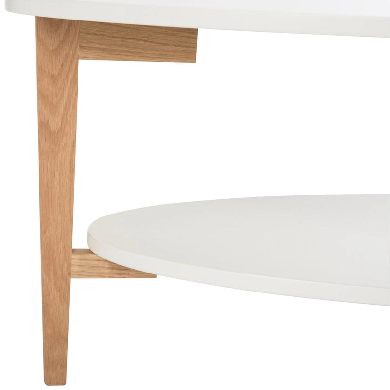Mid-Century Oval Coffee Table White Natural Wood 2-Tier Storage 51.2"W x 27.6"D x 17.7"H