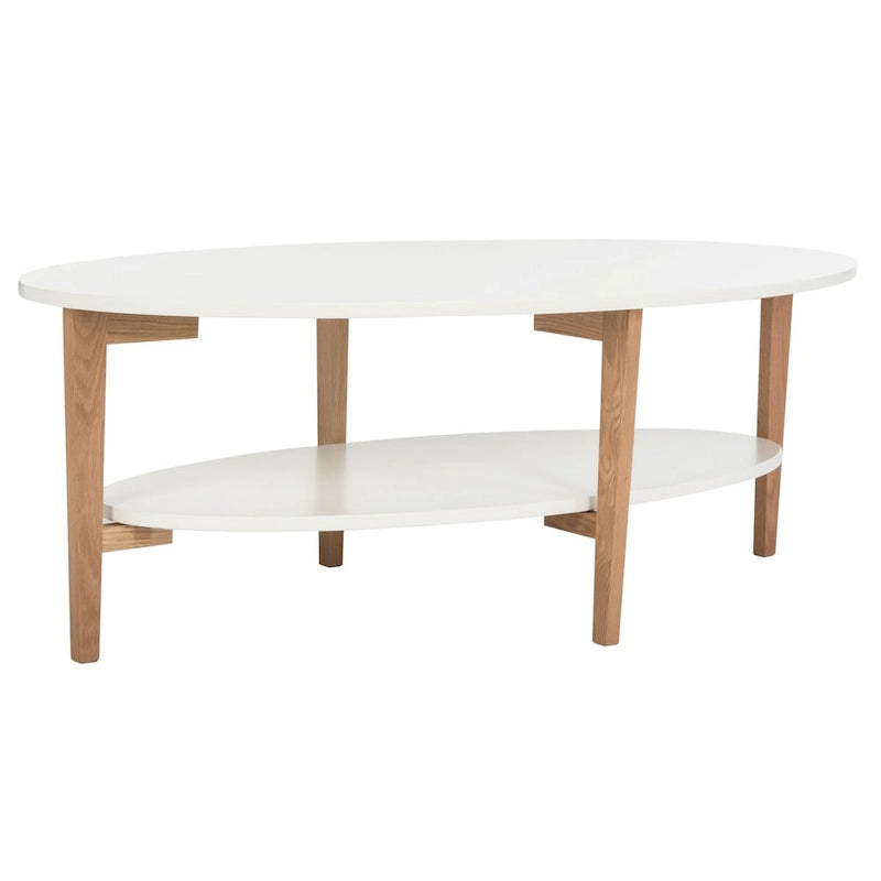Mid-Century Oval Coffee Table White Natural Wood 2-Tier Storage 51.2"W x 27.6"D x 17.7"H