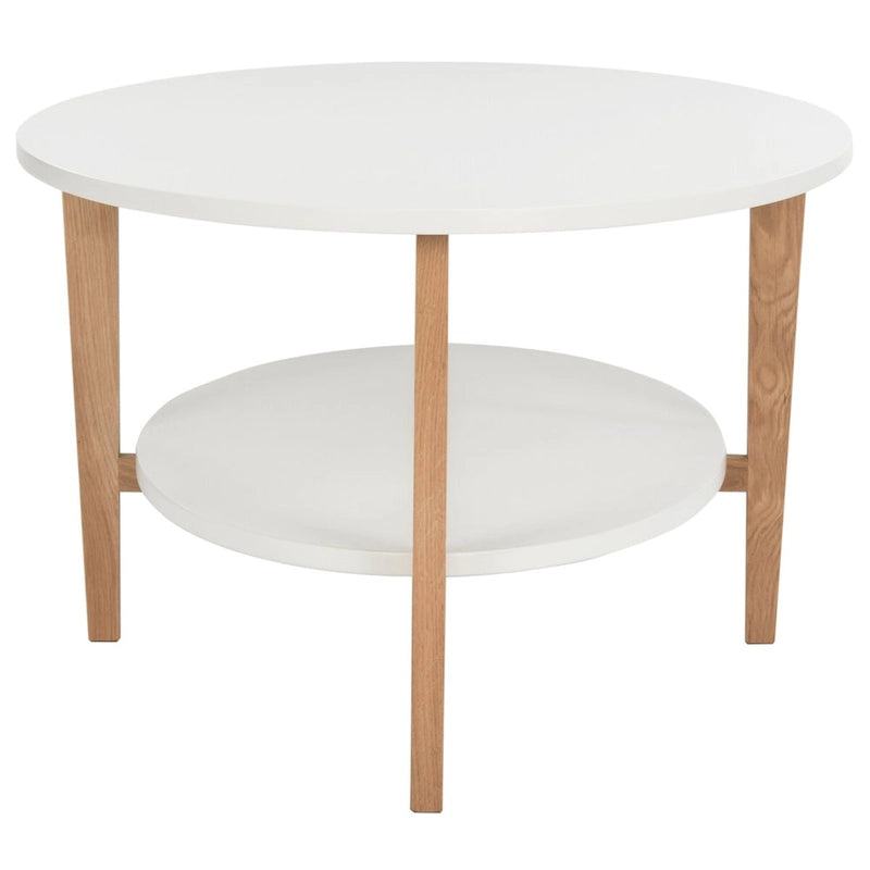 Mid-Century Oval Coffee Table White Natural Wood 2-Tier Storage 51.2"W x 27.6"D x 17.7"H