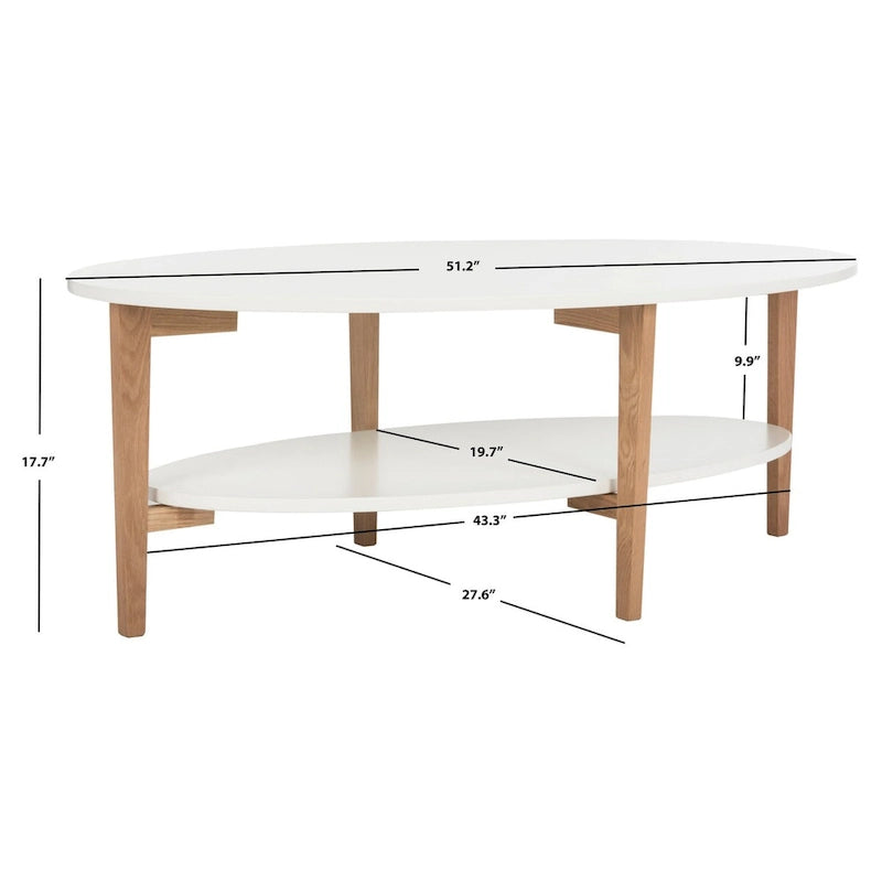 Mid-Century Oval Coffee Table White Natural Wood 2-Tier Storage 51.2"W x 27.6"D x 17.7"H