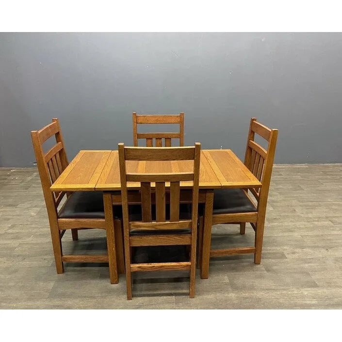 Mission Oak Dining Table Set with 2 Self-Storing Leaves & 4 Leather Chairs - Dark Walnut Finish - Extendable Kitchen Table