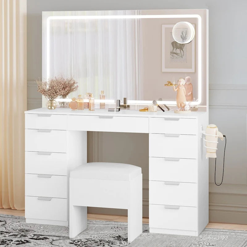 11-Drawer Makeup Vanity with Large LED Lighted Mirror, Charging Station & Hair Dryer Rack - White 46"L x 11.7"W x 55.9"H