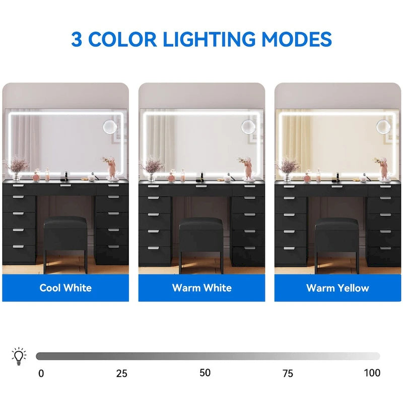 11-Drawer Makeup Vanity with Large LED Lighted Mirror, Charging Station & Hair Dryer Rack - White 46"L x 11.7"W x 55.9"H