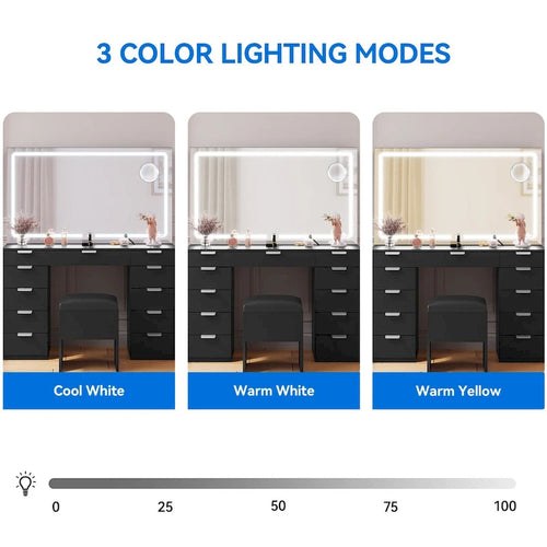 11-Drawer Makeup Vanity with Large LED Lighted Mirror, Charging Station & Hair Dryer Rack - White 46"L x 11.7"W x 55.9"H