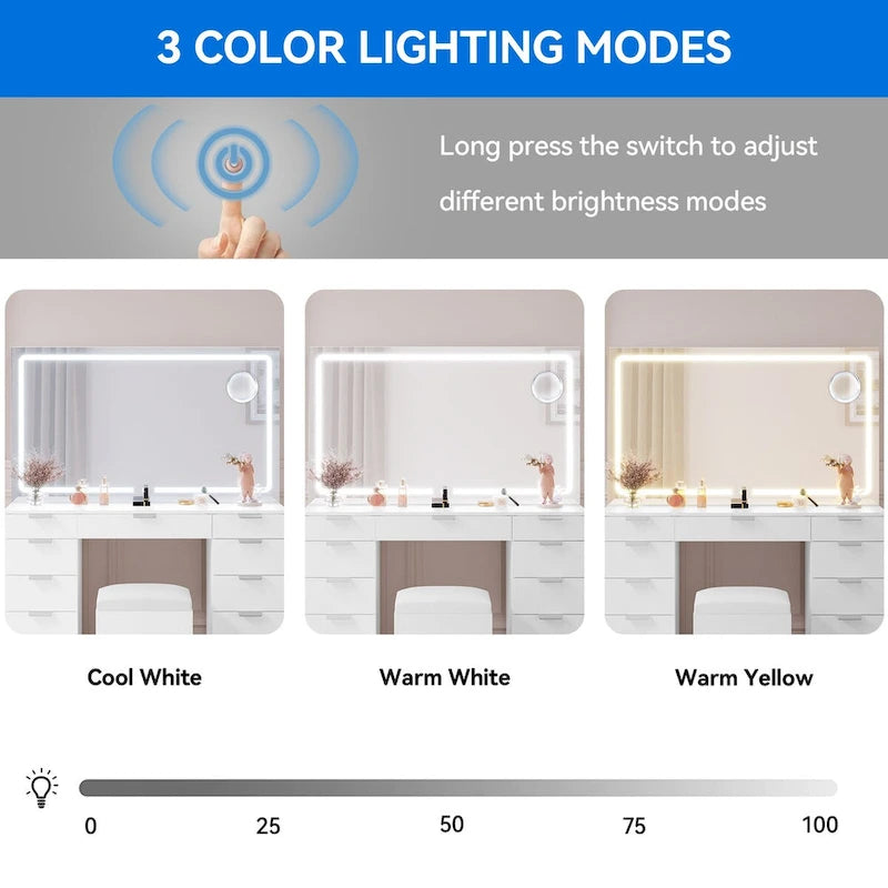 11-Drawer Makeup Vanity with Large LED Lighted Mirror, Charging Station & Hair Dryer Rack - White 46"L x 11.7"W x 55.9"H