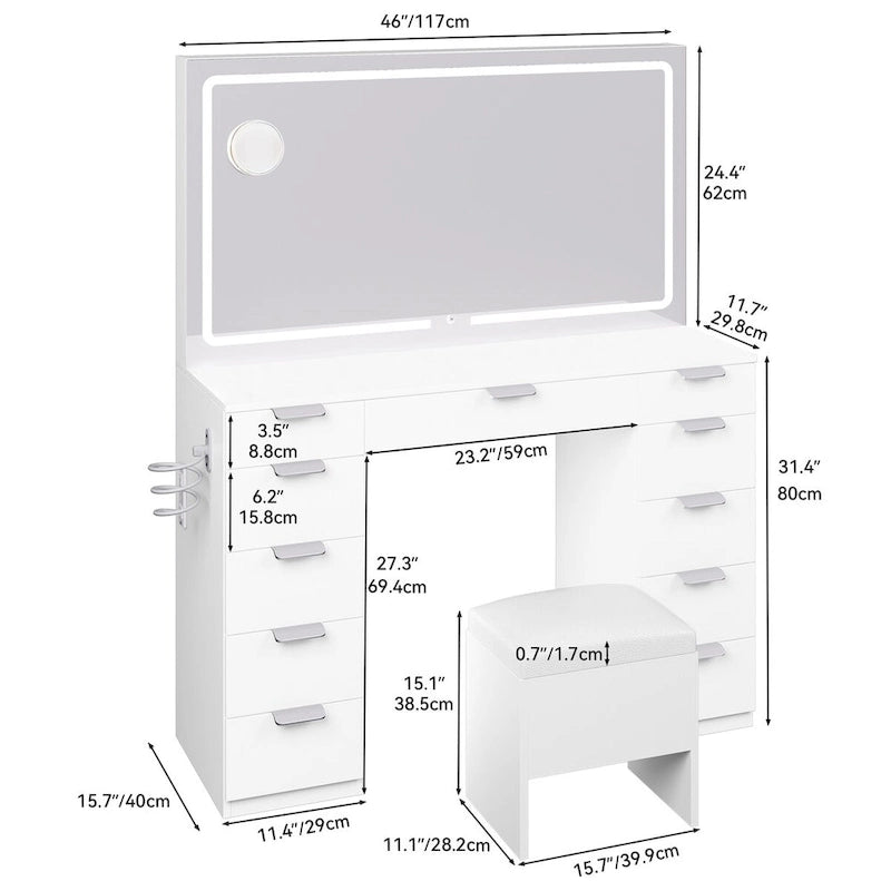 11-Drawer Makeup Vanity with Large LED Lighted Mirror, Charging Station & Hair Dryer Rack - White 46"L x 11.7"W x 55.9"H