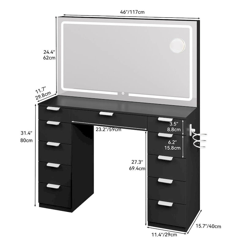 11-Drawer Makeup Vanity with Large LED Lighted Mirror, Charging Station & Hair Dryer Rack - White 46"L x 11.7"W x 55.9"H