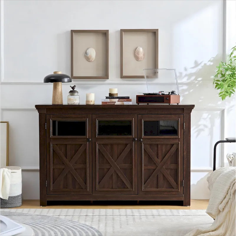 53" Farmhouse Buffet Sideboard Cabinet with 3 Doors, Espresso Wood Storage for Dining Room, Kitchen, Coffee Bar
