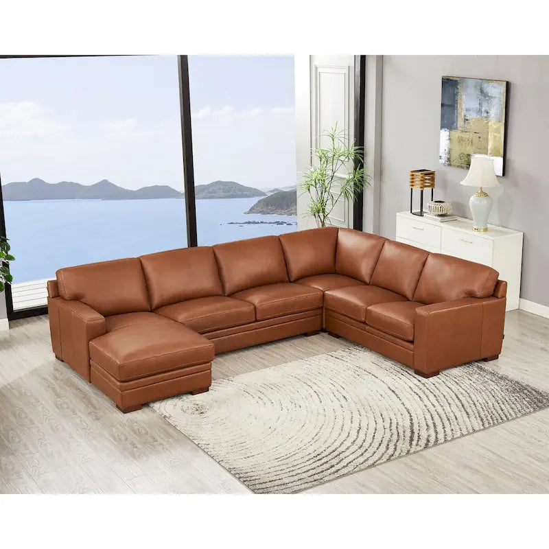 136" Top Grain Leather Sectional Sofa with Left-Facing Chaise - 5 Piece Modern Set