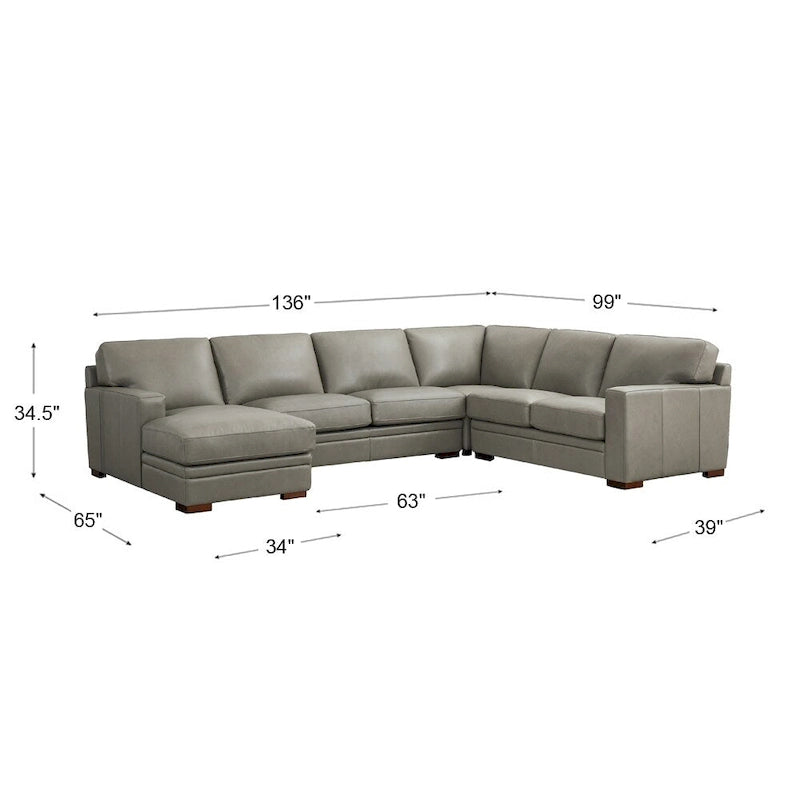 136" Top Grain Leather Sectional Sofa with Left-Facing Chaise - 5 Piece Modern Set