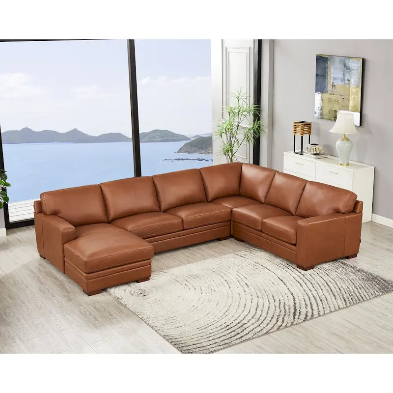 136" Top Grain Leather Sectional Sofa with Left-Facing Chaise - 5 Piece Modern Set