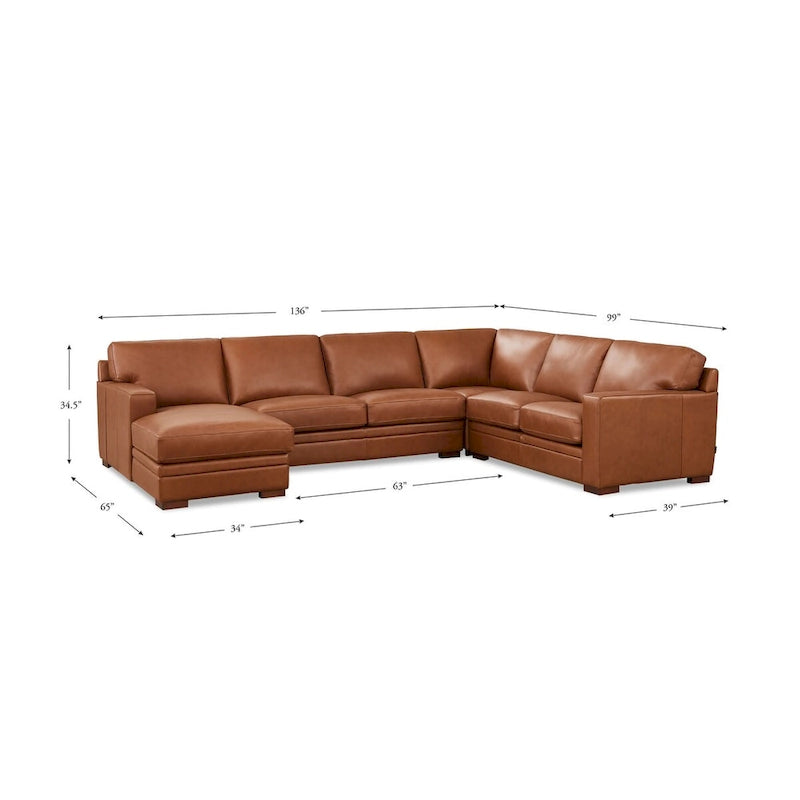 136" Top Grain Leather Sectional Sofa with Left-Facing Chaise - 5 Piece Modern Set