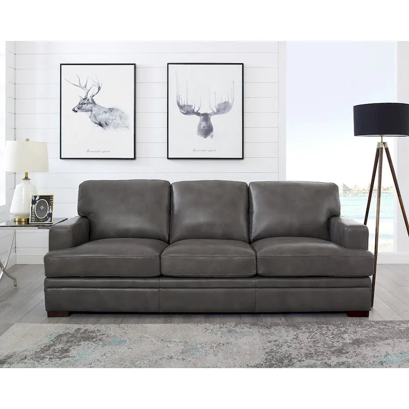 95-Inch Top Grain Leather Sofa with Goose Feather Down Cushions, Cross-Stitched Armrest, Solid Wood Frame