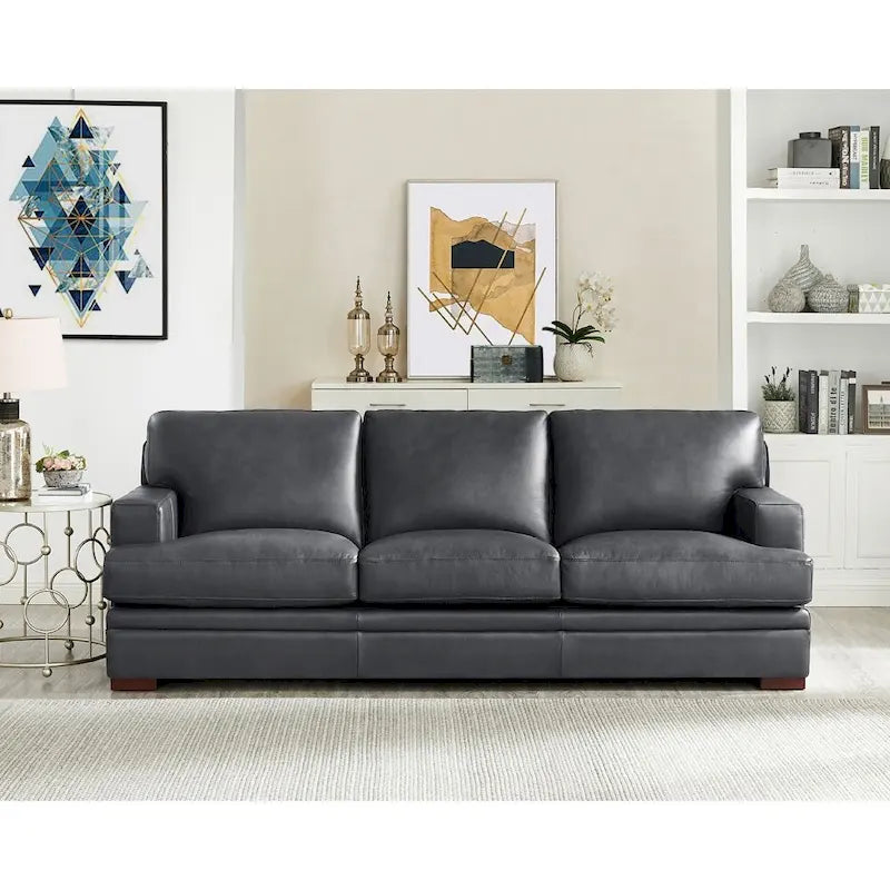 95-Inch Top Grain Leather Sofa with Goose Feather Down Cushions, Cross-Stitched Armrest, Solid Wood Frame