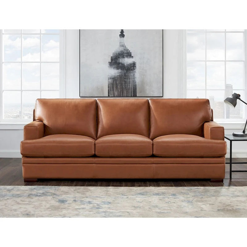 95-Inch Top Grain Leather Sofa with Goose Feather Down Cushions, Cross-Stitched Armrest, Solid Wood Frame