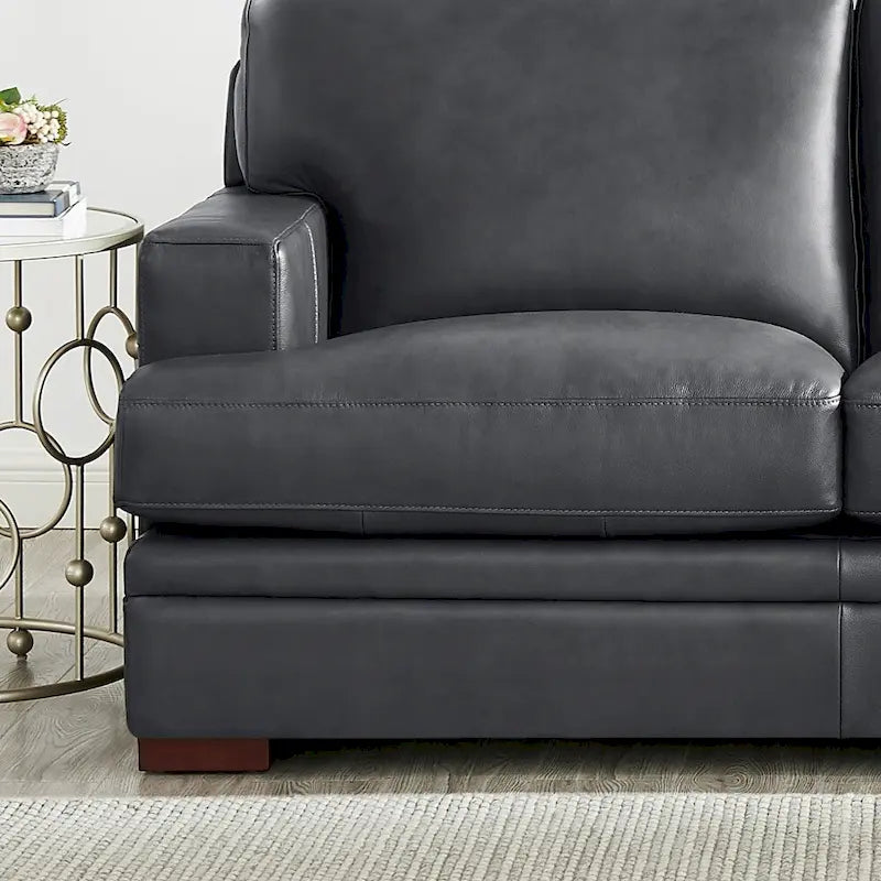 95-Inch Top Grain Leather Sofa with Goose Feather Down Cushions, Cross-Stitched Armrest, Solid Wood Frame