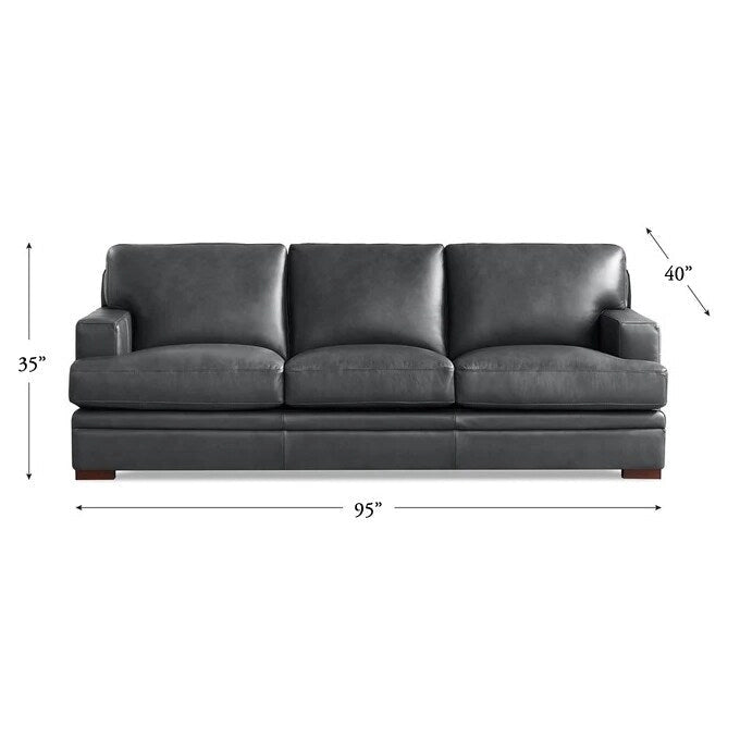 95-Inch Top Grain Leather Sofa with Goose Feather Down Cushions, Cross-Stitched Armrest, Solid Wood Frame