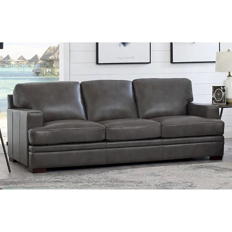 95-Inch Top Grain Leather Sofa with Goose Feather Down Cushions, Cross-Stitched Armrest, Solid Wood Frame