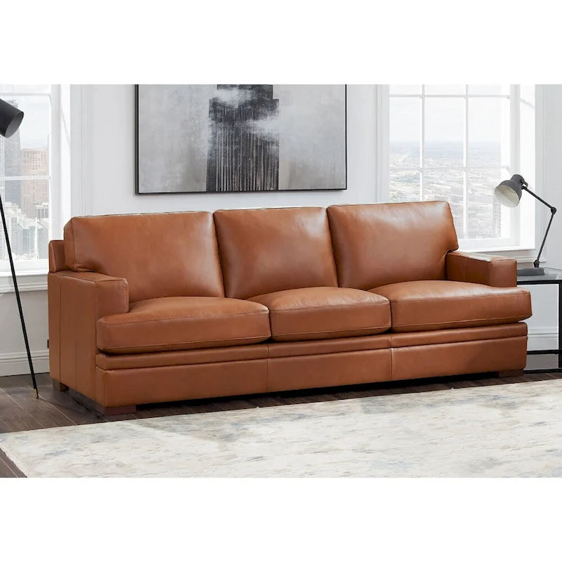 95-Inch Top Grain Leather Sofa with Goose Feather Down Cushions, Cross-Stitched Armrest, Solid Wood Frame