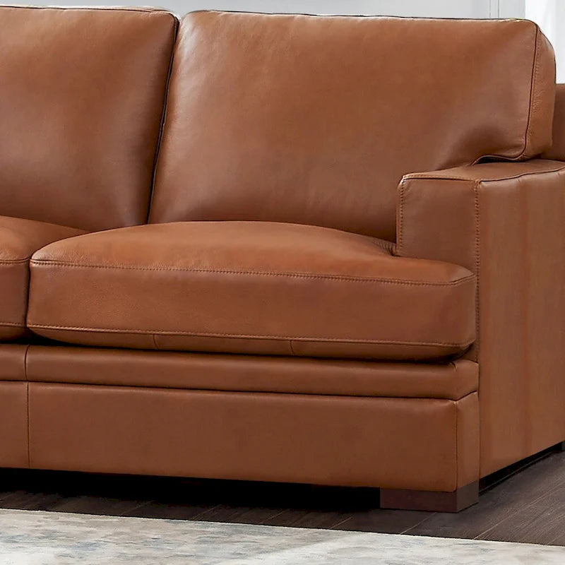 95-Inch Top Grain Leather Sofa with Goose Feather Down Cushions, Cross-Stitched Armrest, Solid Wood Frame