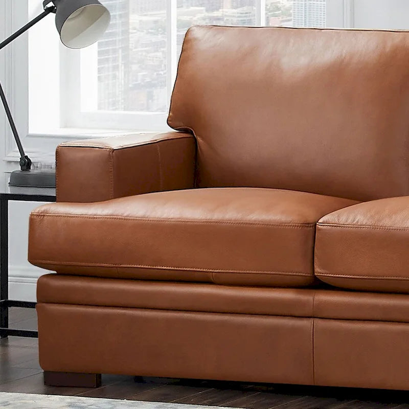 95-Inch Top Grain Leather Sofa with Goose Feather Down Cushions, Cross-Stitched Armrest, Solid Wood Frame