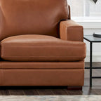 95-Inch Top Grain Leather Sofa with Goose Feather Down Cushions, Cross-Stitched Armrest, Solid Wood Frame