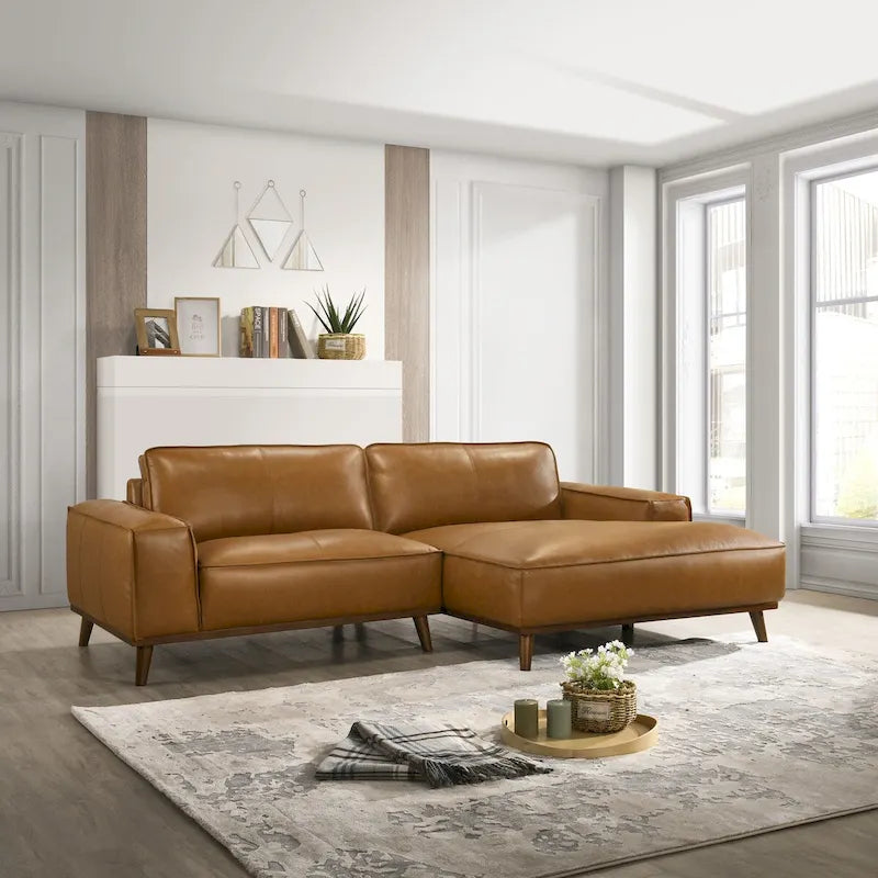 Mid-Century Modern Genuine Leather Sectional Sofa with High-Density Foam, Removable Legs for Living Room