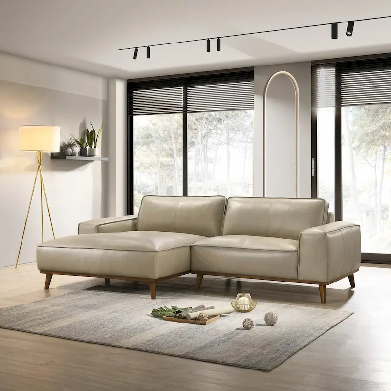 Mid-Century Modern Genuine Leather Sectional Sofa with High-Density Foam, Removable Legs for Living Room
