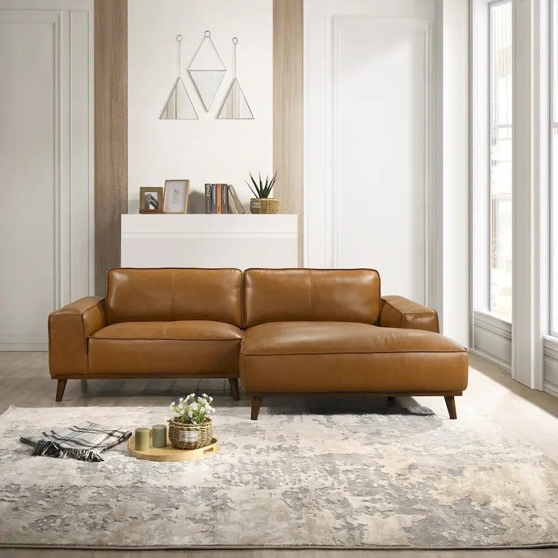 Mid-Century Modern Genuine Leather Sectional Sofa with High-Density Foam, Removable Legs for Living Room