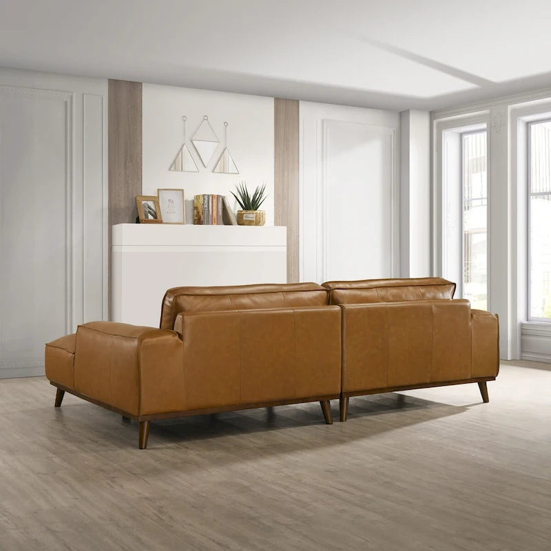 Mid-Century Modern Genuine Leather Sectional Sofa with High-Density Foam, Removable Legs for Living Room
