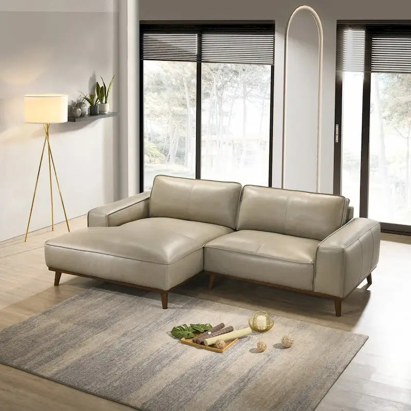Mid-Century Modern Genuine Leather Sectional Sofa with High-Density Foam, Removable Legs for Living Room