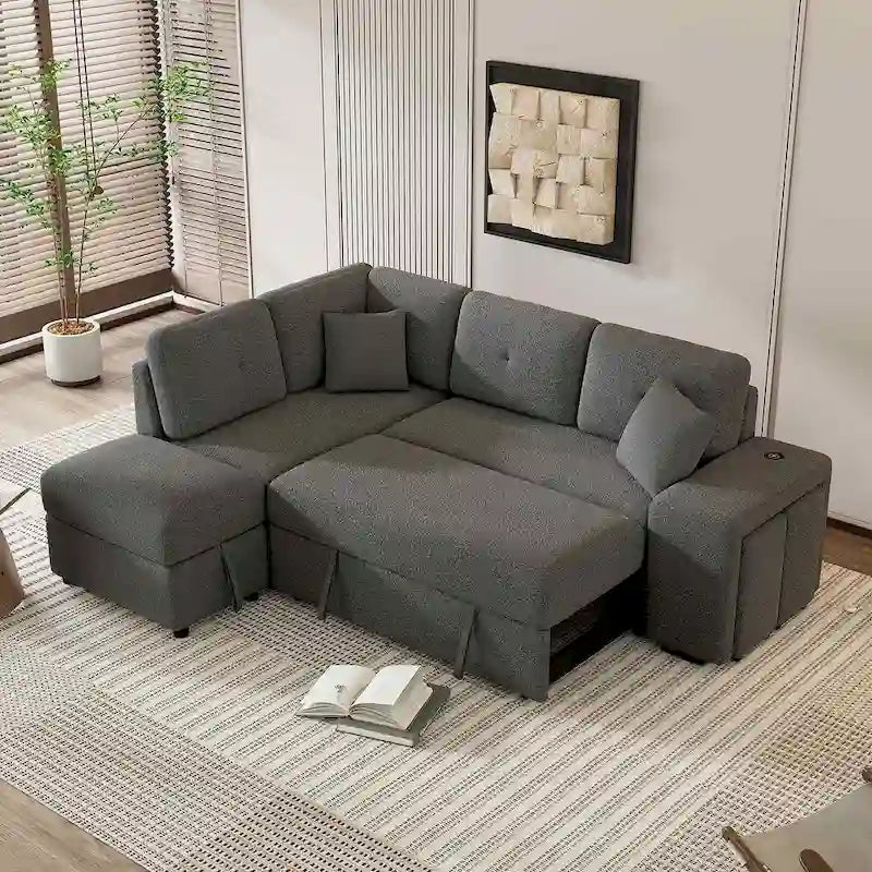 88-Inch Convertible Sectional Sleeper Sofa Bed with Storage Ottoman, USB Ports, Chenille Fabric for Living Room
