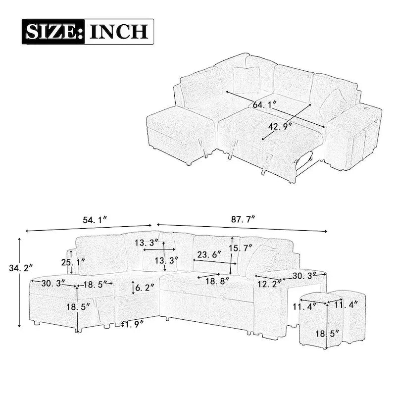 88-Inch Convertible Sectional Sleeper Sofa Bed with Storage Ottoman, USB Ports, Chenille Fabric for Living Room