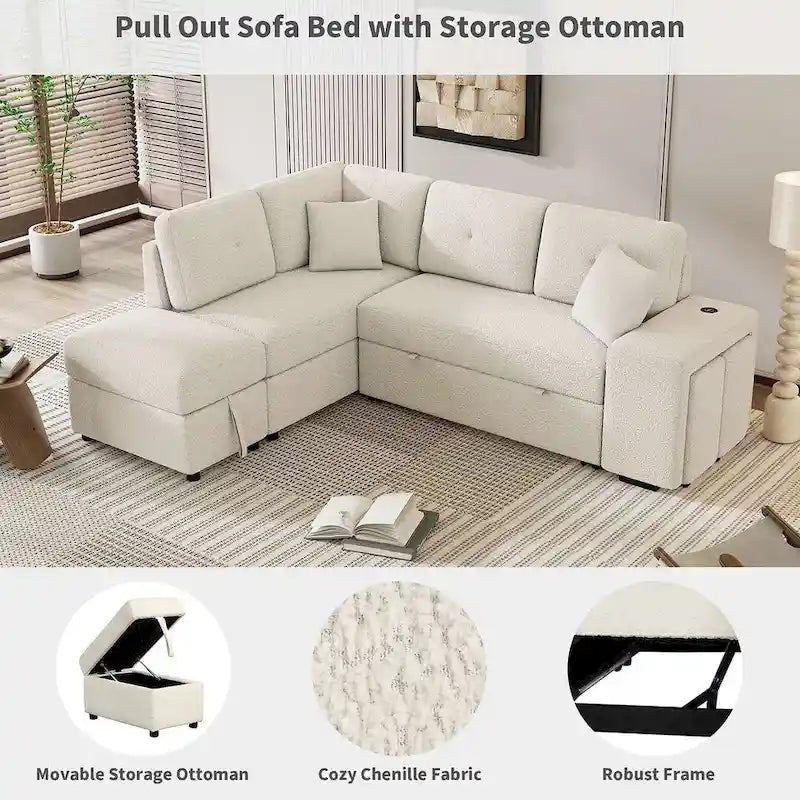88-Inch Convertible Sectional Sleeper Sofa Bed with Storage Ottoman, USB Ports, Chenille Fabric for Living Room